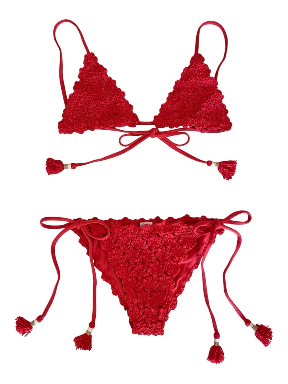 NWT She Made Me Crochet Floral Triangle Bikini Tassel Tie Two Piece Swimsuit Red
